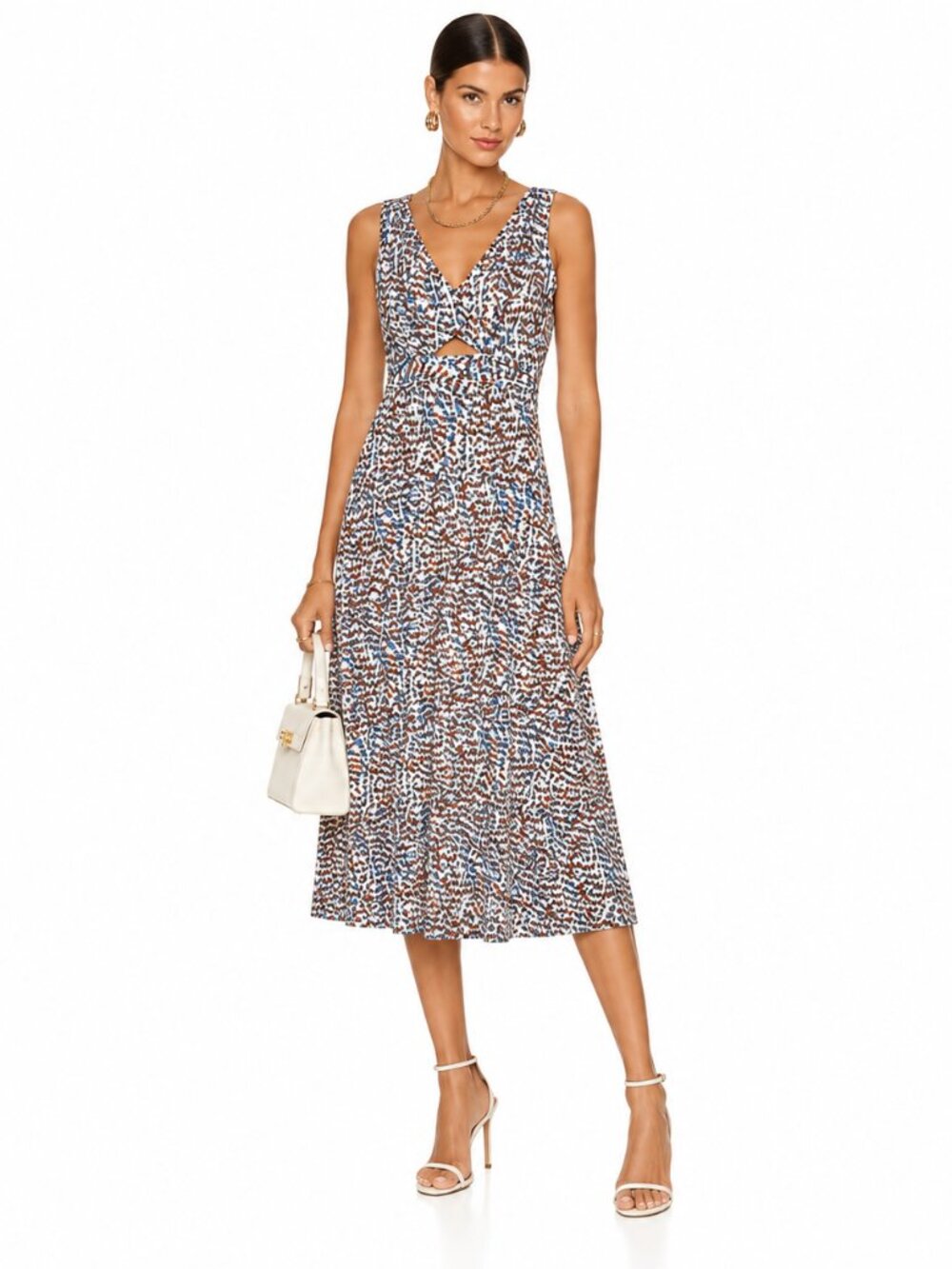 Theory Midi Dress Women's 2 Blue Brown Abstract Print V‎ Neck Cutout A-Line